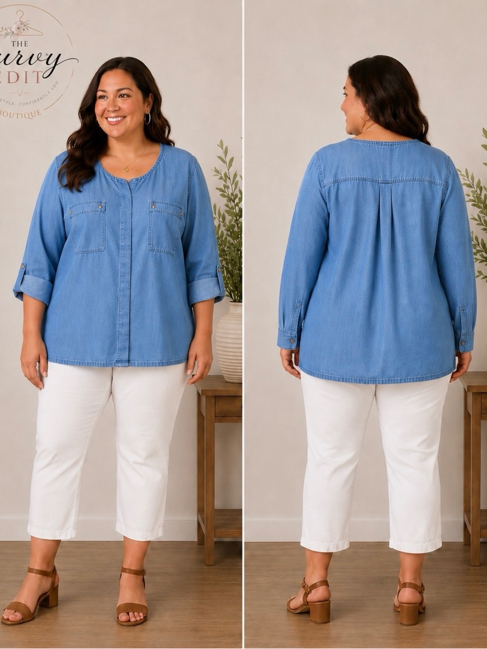 Bonprix 100% TENCEL Lyocell Chambray Button-Up Blouse Made in Germany 2X measure